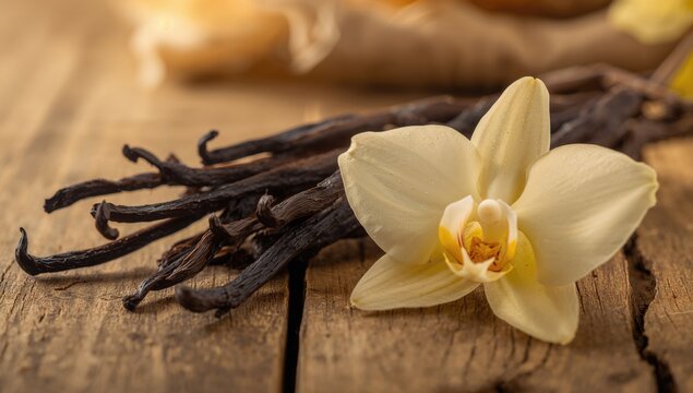 Close-up of dried vanilla pods and orchid flowers on a rustic wooden surface