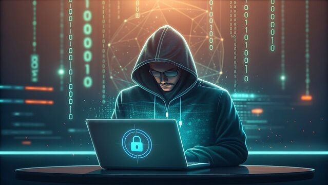 Man in hoodie researching security on a laptop with glowing lock