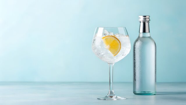 A Refreshing Gin Tonic Cocktail With Ice And Lemon On A Light Blue Background