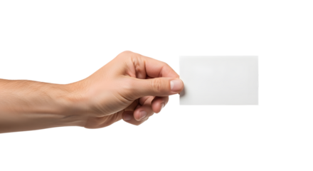 A mans hand holding a blank white card or note isolated on transparent background, ready for text or design