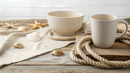 Beach Themed Still Life With Seashells Starfish Rope And Coffee Mug On Rustic Wood Surface