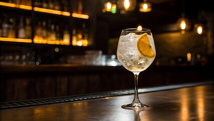 Clear Cocktail With Ice And Lemon Garnish On A Wet Bar Counter With Bokeh Background Lights