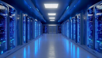 High tech data center with rows of advanced computer storage equipment, illuminated by blue led lights. the room is sleek and modern.