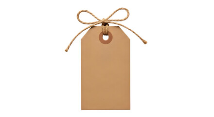 Blank brown paper gift tag tied with twine and isolated on transparent background