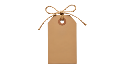 Blank brown paper gift tag tied with twine and isolated on transparent background