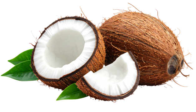 Cut coconut composition with leaves, detailed brown shell and white interior, isolated against a black background