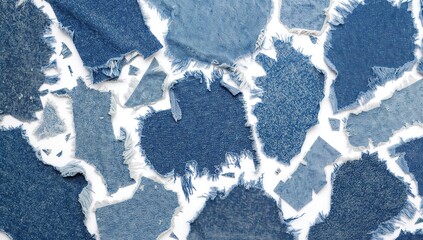Fashion designer workspace with ripped denim fabric scraps on white surface, top view. Upcycling worn-out blue jeans idea. Denim jeans passion.