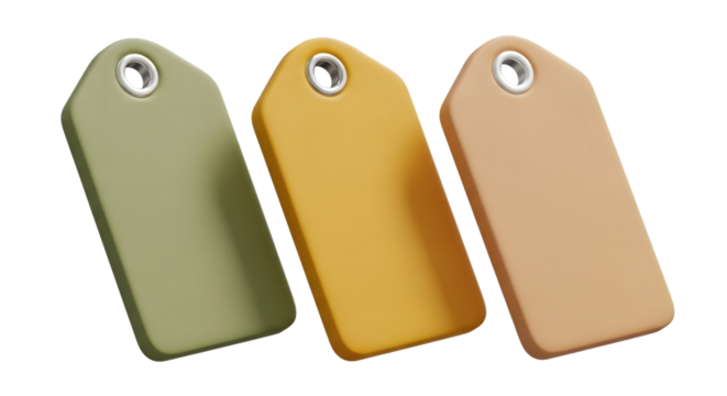 Three blank price tags in different pastel colors, isolated on transparent background