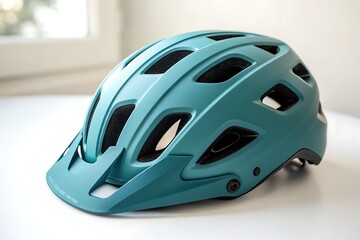 Fototapeta premium Teal Mountain Bike Helmet Displayed on a White Surface