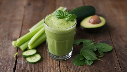 Plant-based nutrition and wellness, detoxifying beverages, vegetarian lifestyle ideas. Green smoothie with celery, avocado, cucumber, and spinach on a wooden surface.