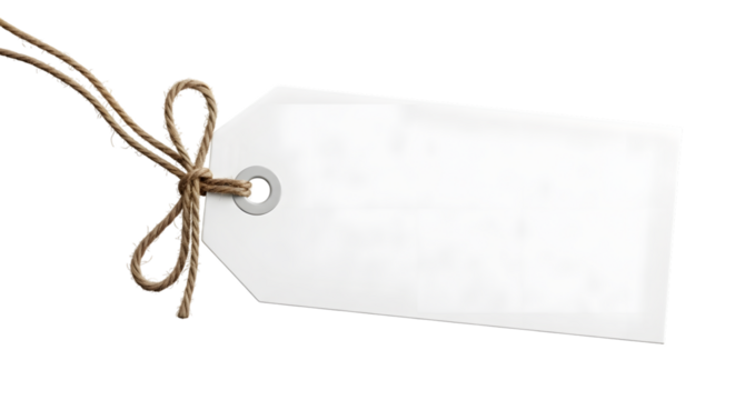 Blank white price tag with string and bow, isolated on transparent background, ready for text or design