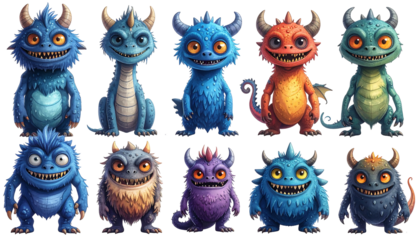 Cute, cartoonish monsters in a variety of colors with horns and scaly features, arranged in two rows