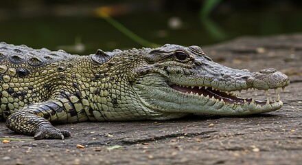 Fototapeta premium A close-up view of a crocodile basking on a rough, grey surface, mouth slightly open