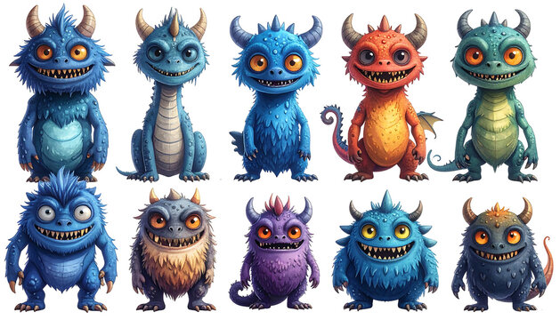 Cute, cartoonish monsters in a variety of colors with horns and scaly features, arranged in two rows