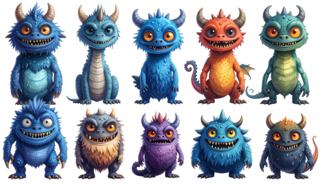 Cute, cartoonish monsters in a variety of colors with horns and scaly features, arranged in two rows