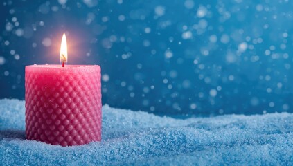 Festive season celebration with a pink candle on a shimmering snowy backdrop, elegant design for seasonal greetings and special occasions