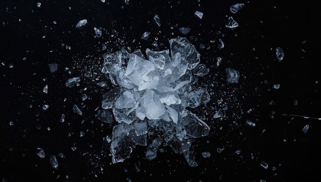 Shattered ice fragments scattered over a dark surface.