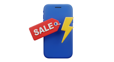 Blue smartphone with a red sale tag and yellow lightning bolt symbol, isolated on transparent background