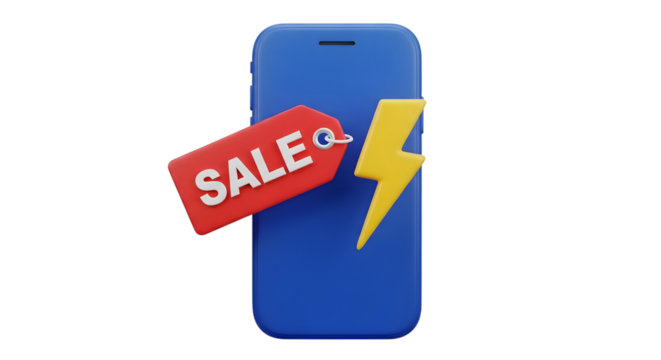 Blue smartphone with a red sale tag and yellow lightning bolt symbol, isolated on transparent background