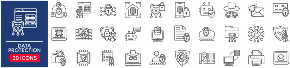 Data protection Web Icon Set in Line Style. vector illustration concept relate to protect, protection, design, key, icon, phone, computer, mobile, laptop, cyberspace