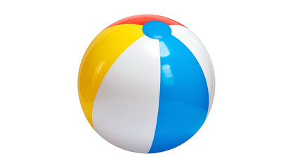 Inflated beach ball with red, yellow, white, and blue panels on black background