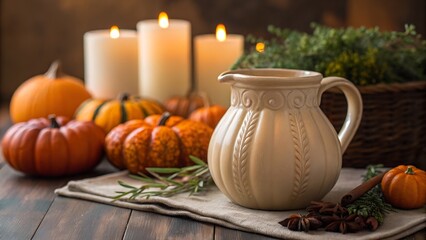 Fototapeta premium Warm Autumn Still Life With Pumpkins Candles And A Pitcher On A Wooden Table