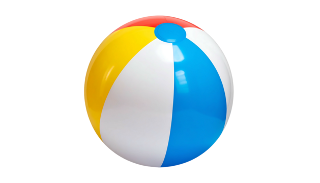 Inflated beach ball with red, yellow, white, and blue panels on black background