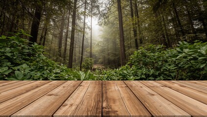 Fototapeta premium Blank wooden tabletop with a lush green forest backdrop, ideal for showcasing products.