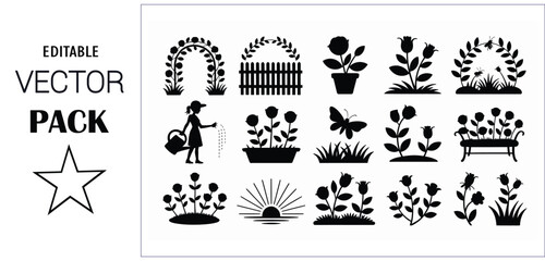 Garden Silhouettes with Plants, People, and Insects