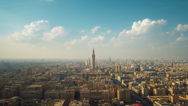 Aerial view of a tall tower amidst urban scenery