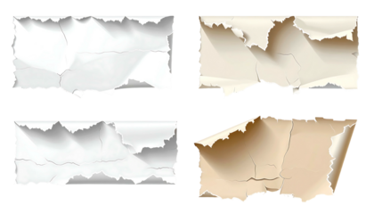 Four horizontally-oriented, torn paper rectangles on black background, two light, two beige