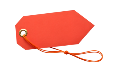 A bright red, hexagonalshaped price tag with an orange string, isolated on a transparent background