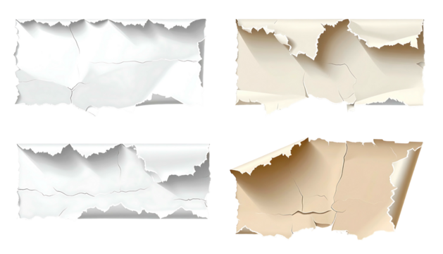 Four horizontally-oriented, torn paper rectangles on black background, two light, two beige