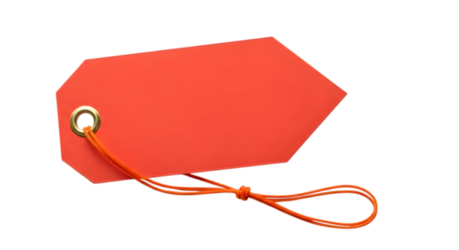 A bright red, hexagonalshaped price tag with an orange string, isolated on a transparent background