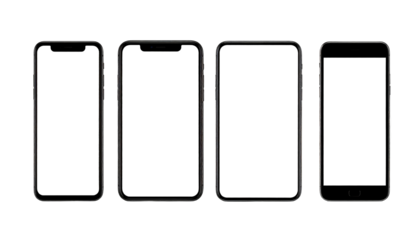 Four isolated generic smartphone devices are aligned on a stark black background with blank white screens