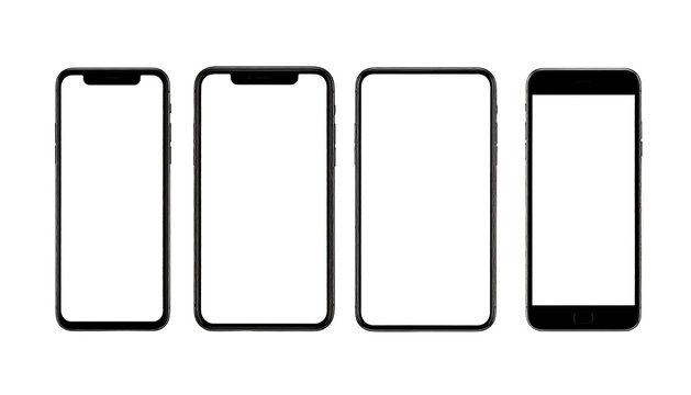 Four isolated generic smartphone devices are aligned on a stark black background with blank white screens