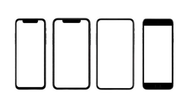 Four isolated generic smartphone devices are aligned on a stark black background with blank white screens