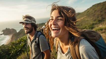 Group of happy friends and laughing, tourism, travel, people sharing good and positive mood, backpack camping hiking journey travel trek concept, with blurred background, Generative AI illustration