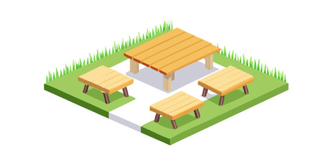 Wooden table picnic icons set isometric vector. Empty garden park. Furniture creation .vector icon
