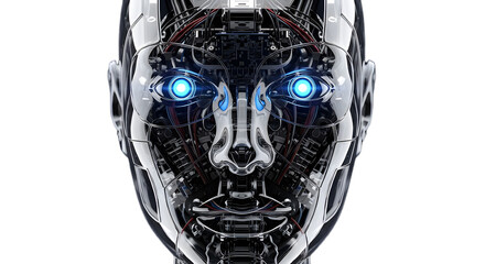Futuristic robot head with glowing blue eyes isolated on transparent background