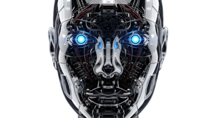 Futuristic robot head with glowing blue eyes isolated on transparent background