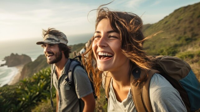 Group of happy friends and laughing, tourism, travel, people sharing good and positive mood, backpack camping hiking journey travel trek concept, with blurred background, Generative AI illustration - Powered by Adobe