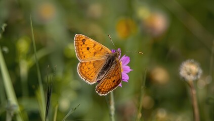 Obraz premium The butterfly Maniola jurtina features ochre forewings marked with dark beige spots and eye-like patterns on the tips, set against a softly blurred meadow backdrop.
