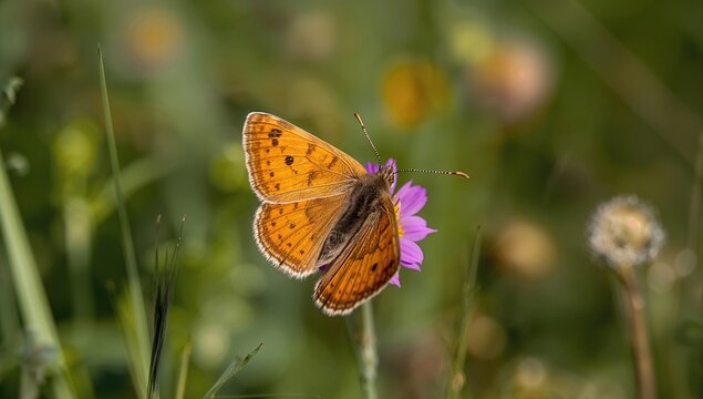 The butterfly Maniola jurtina features ochre forewings marked with dark beige spots and eye-like patterns on the tips, set against a softly blurred meadow backdrop.