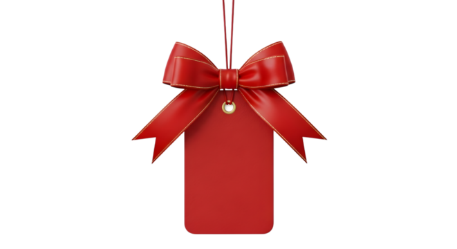 A festive red ribbon tied in a bow with a blank red gift tag hanging from it, isolated on transparent background