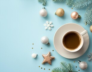 Creative concept photo of coffee cup with pastry and christmas decorations celebrating new year xmas holiday on blue background.