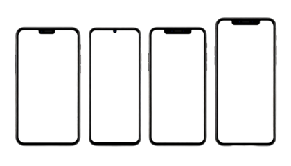 Four modern smartphones in a row, all with blank white screens, against a black background