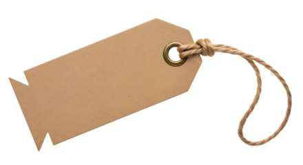 Blank brown kraft paper tag with a string and metal grommet, isolated on transparent background