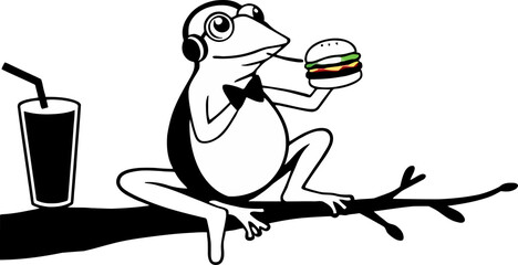 A whimsical frog enjoys a burger and a drink on a black background