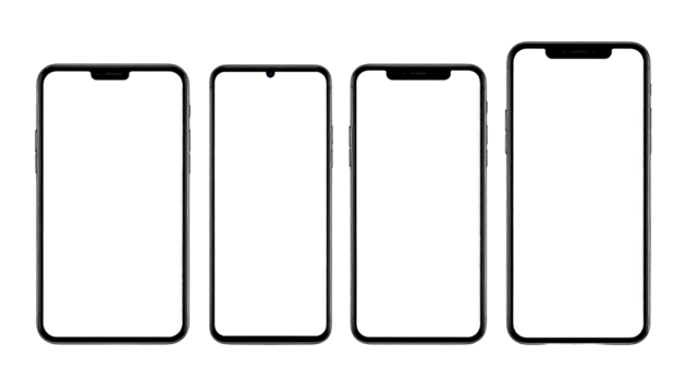 Four modern smartphones in a row, all with blank white screens, against a black background